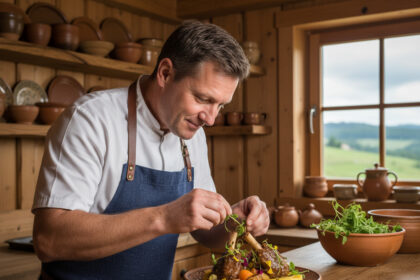 Chef en cuisine rustique garnissant un plat régional