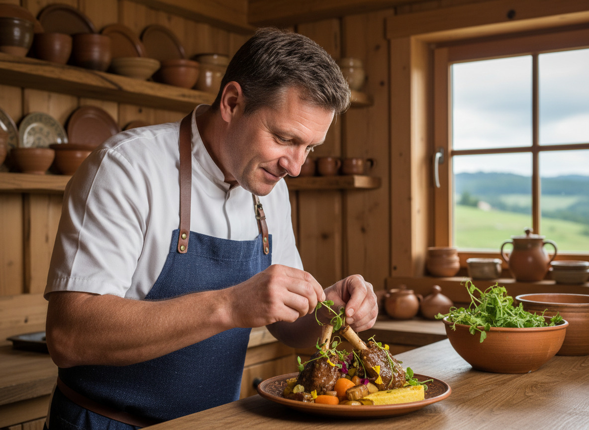 Chef en cuisine rustique garnissant un plat régional