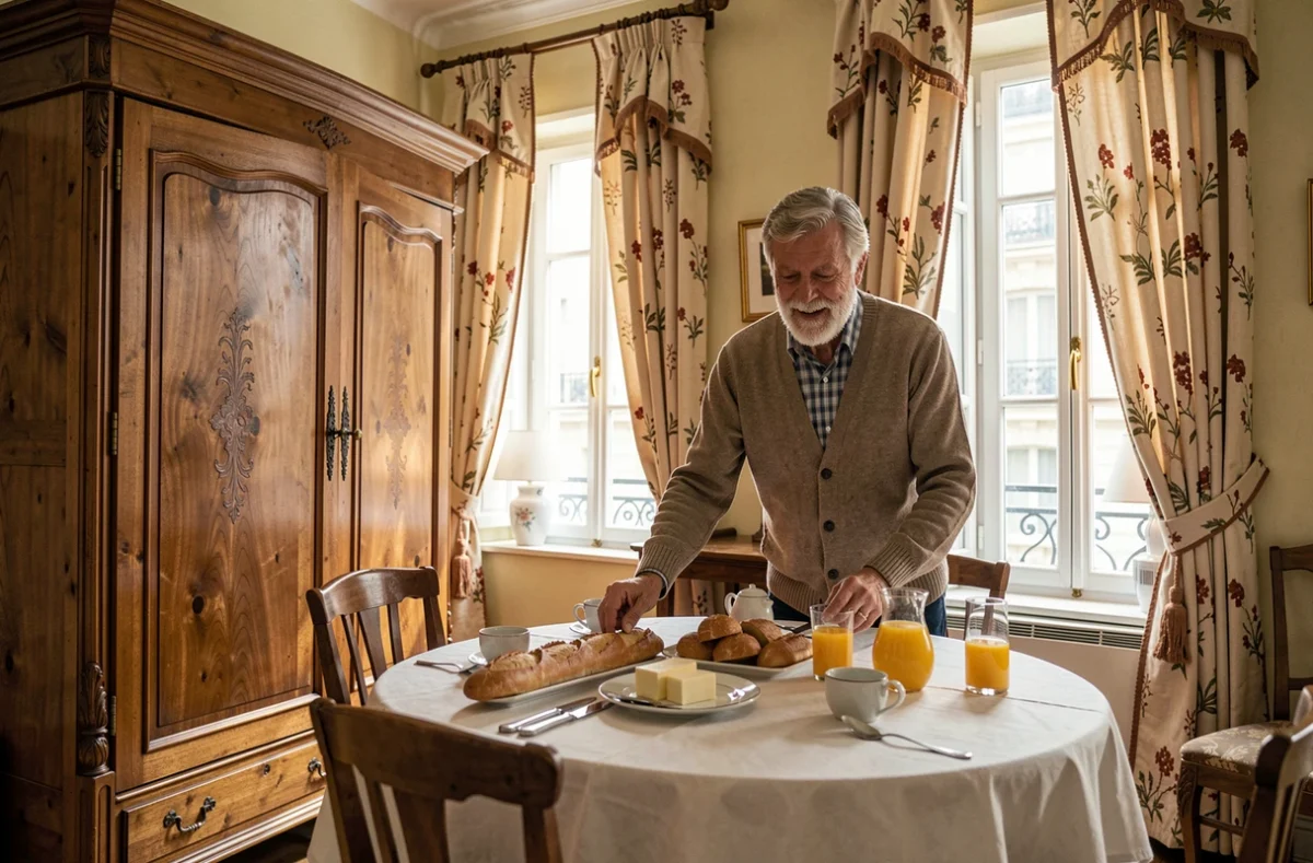 Hôte de Chez Bertrand préparant la table du petit-déjeuner dans une chambre d'hôtes parisienne meublée d'antiquités