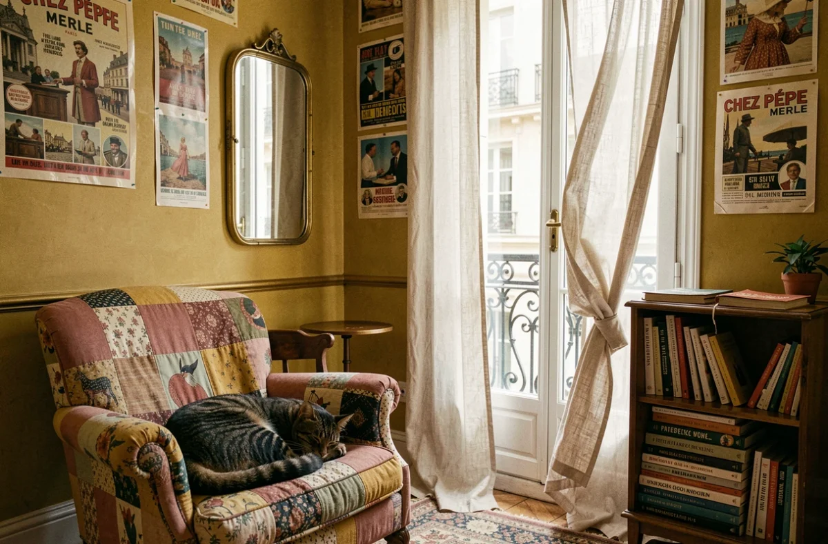 Chambre pittoresque de Chez Pépé Merle avec affiches vintage, chat endormi sur un fauteuil patchwork et balcon parisien