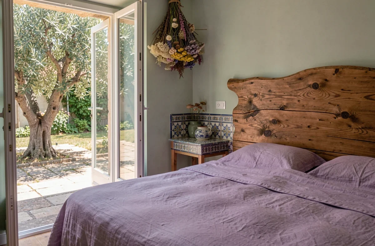 Chambre provençale du Clos de l'Olivier avec tête de lit en bois d'olivier, terrasse privée et olivier centenaire
