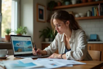Jeune femme comparant des offres de voyage pas cher sur ordinateur portable avec des brochures touristiques étalées sur une table en bois