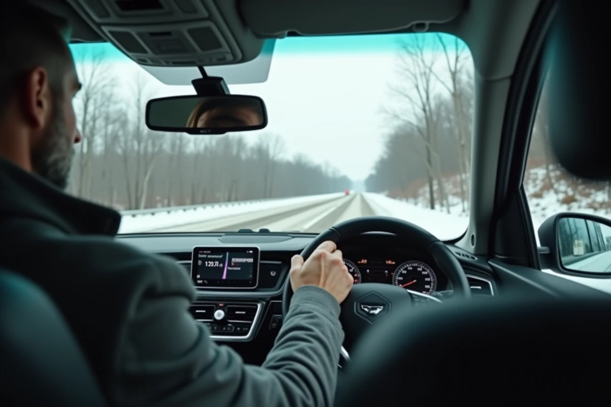 Conducteur sur l'autoroute entre Montréal et New York avec GPS affichant la durée du trajet