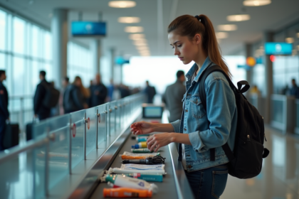 Jeune femme à la sécurité de l'aéroport vérifiant ses objets interdits