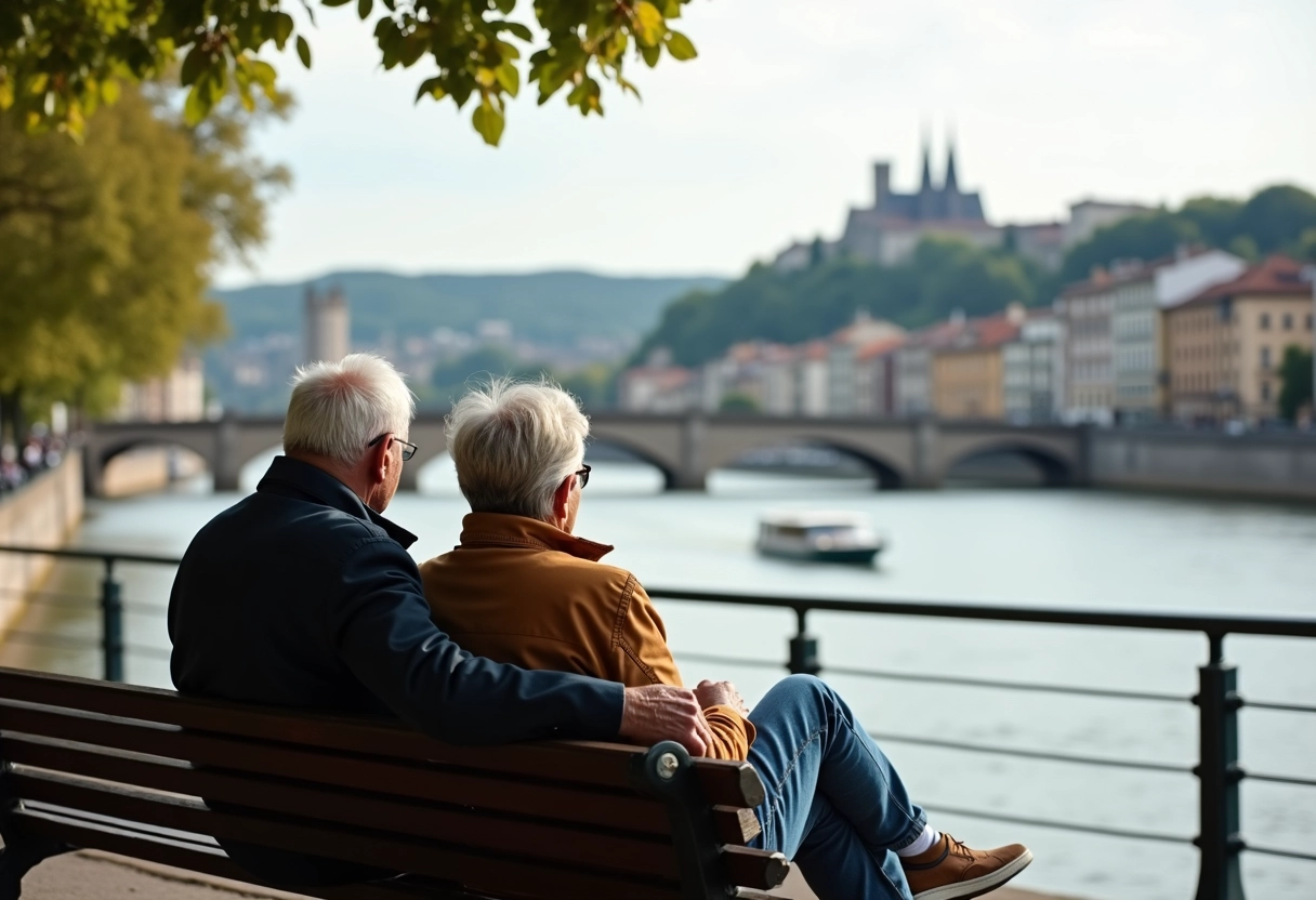 Couple d age moyen regardant la ville depuis la Saone