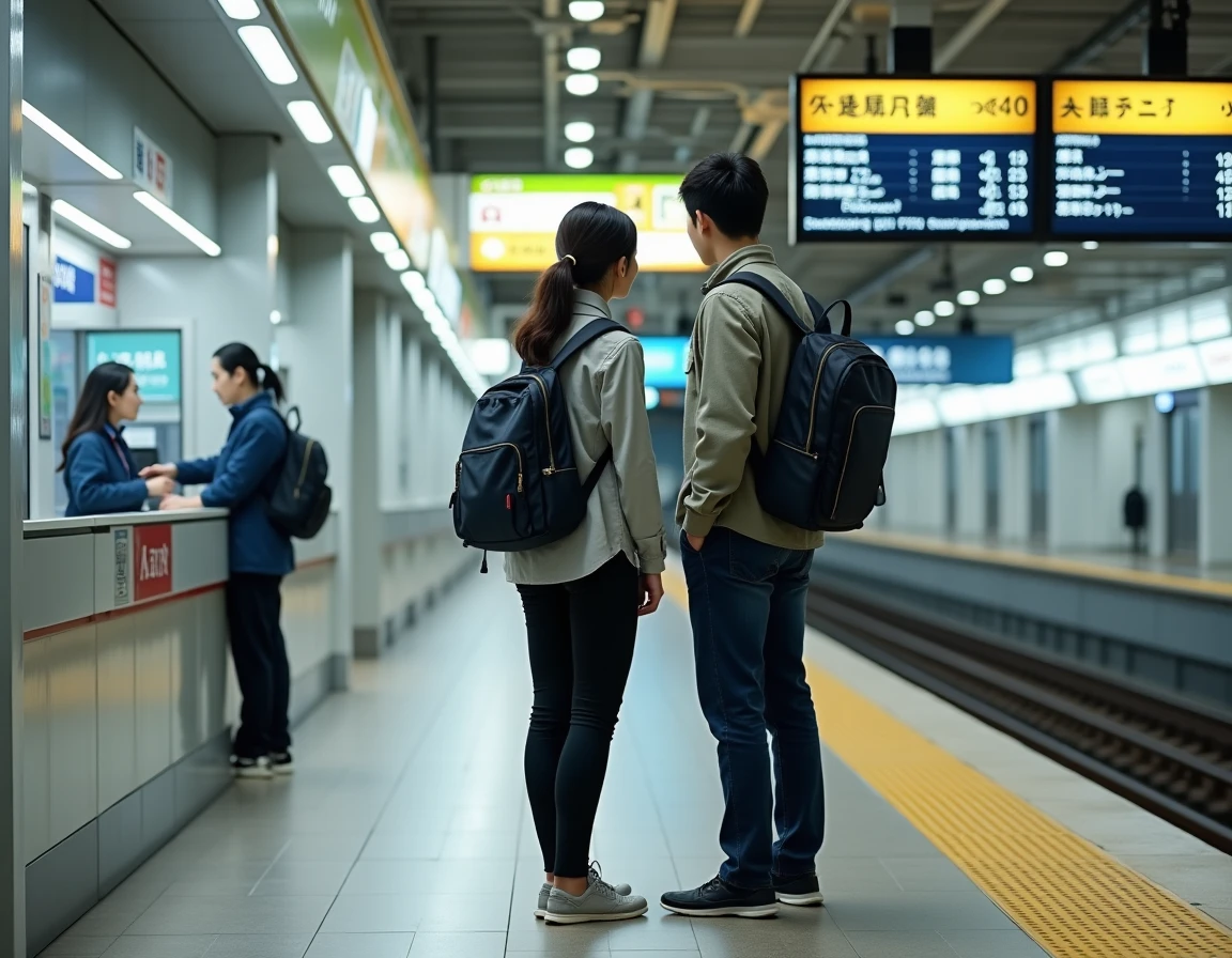 Couple de touristes achetant des billets de train Narita Express à la gare de l'aéroport Narita pour rejoindre le centre de Tokyo