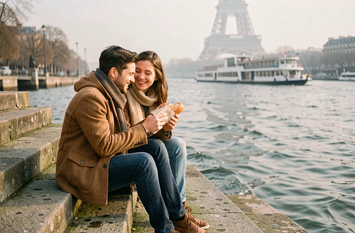 Couple assis sur les marches des quais près du pont de l'Alma avec vue sur la Seine et la Tour Eiffel