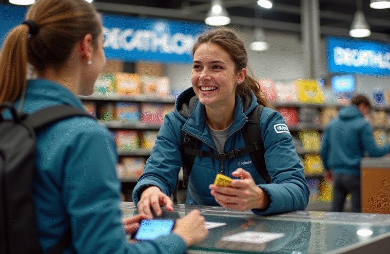 Jeune couple utilisant des chèques vacances chez Decathlon