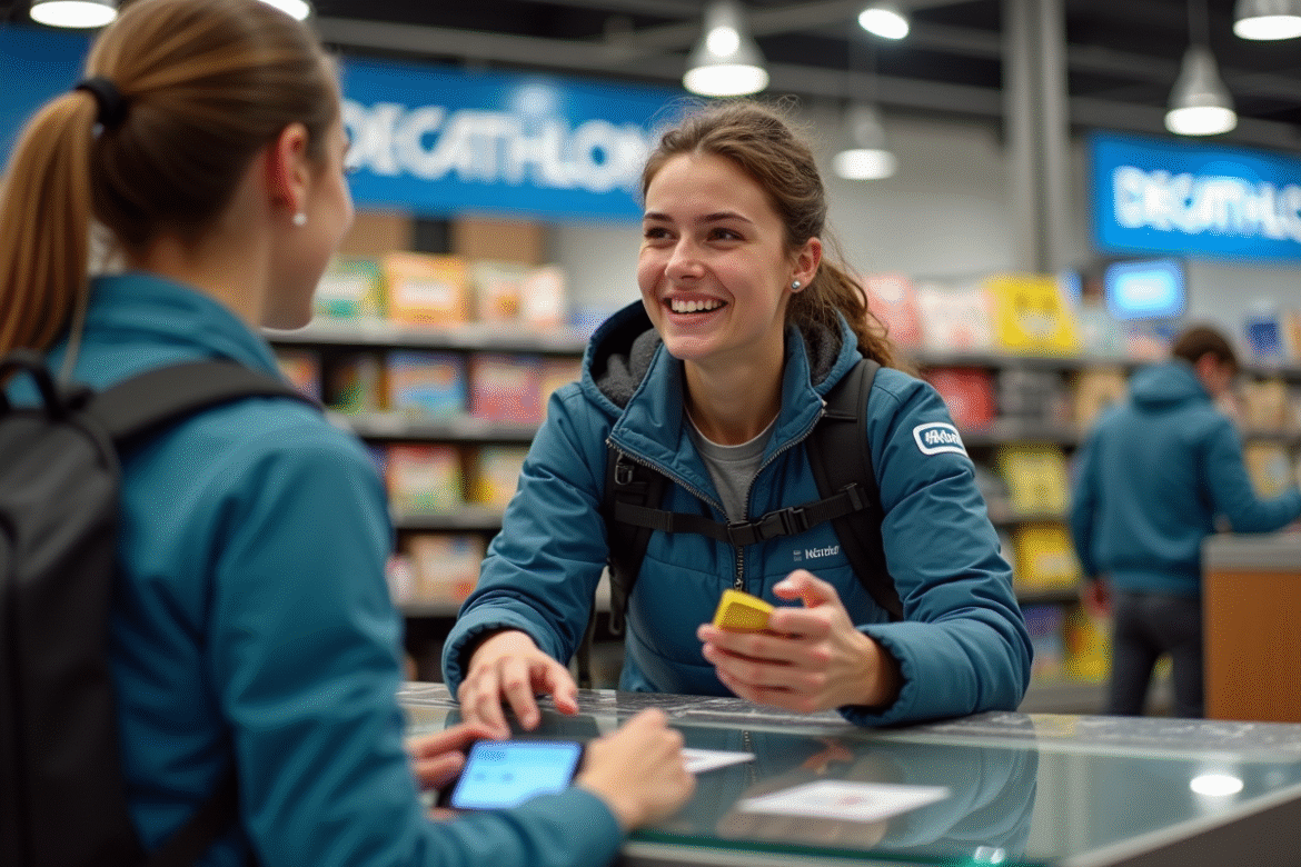 Jeune couple utilisant des chèques vacances chez Decathlon