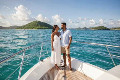 Couple sur le pont d'un catamaran de croisière tout compris naviguant dans les eaux turquoise des îles Grenadines