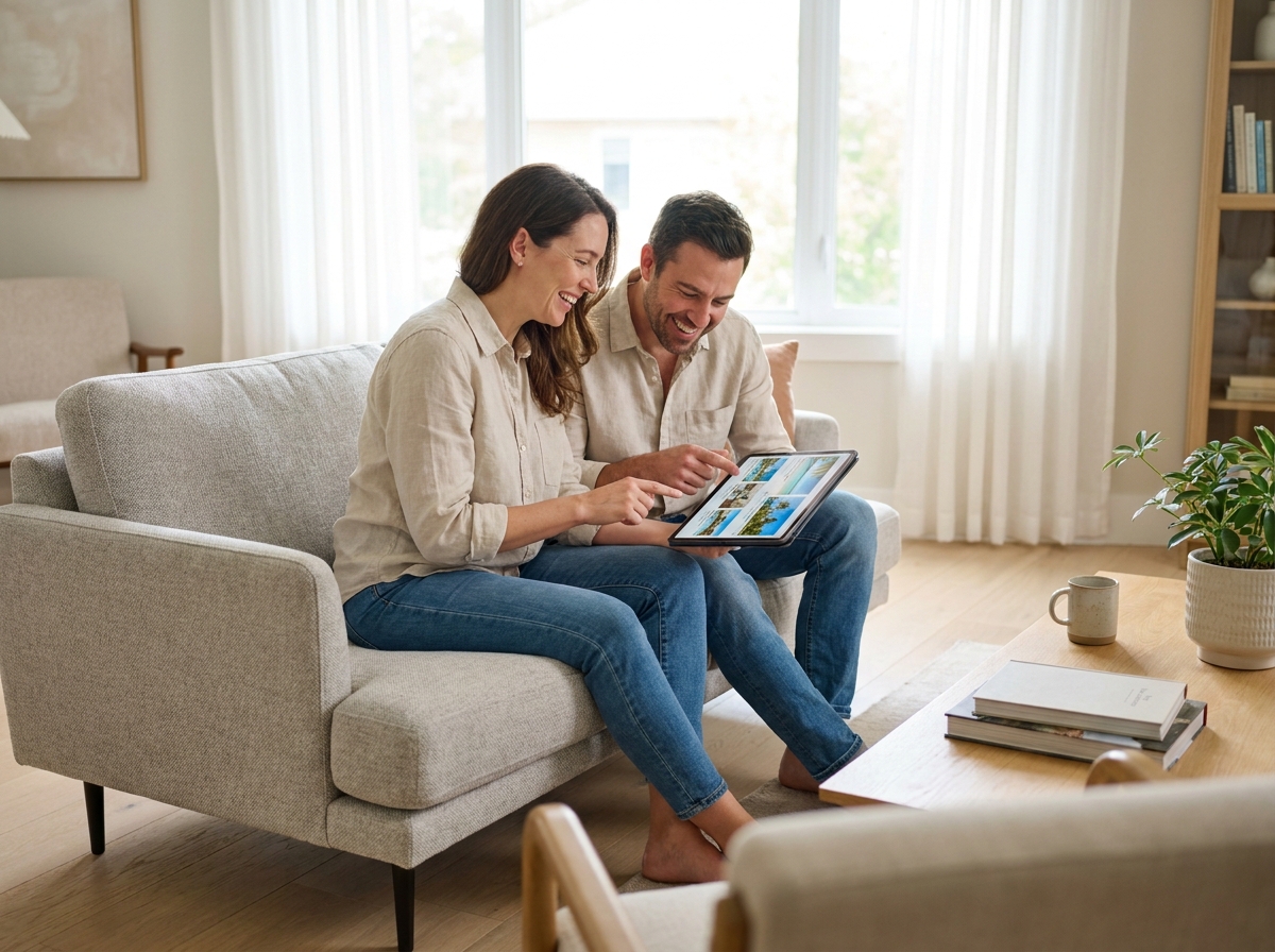 Couple choisissant ensemble une location de vacances sur une tablette numérique dans leur salon