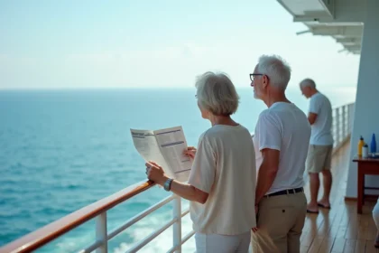 Couple mature sur le pont d'un navire en mer
