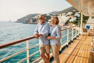 Couple en croisière tout compris admirant la côte méditerranéenne depuis le pont d'un grand navire de luxe