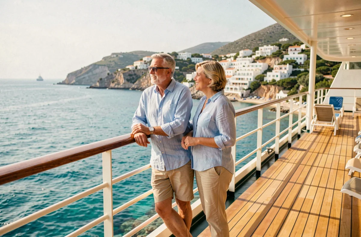 Couple en croisière tout compris admirant la côte méditerranéenne depuis le pont d'un grand navire de luxe