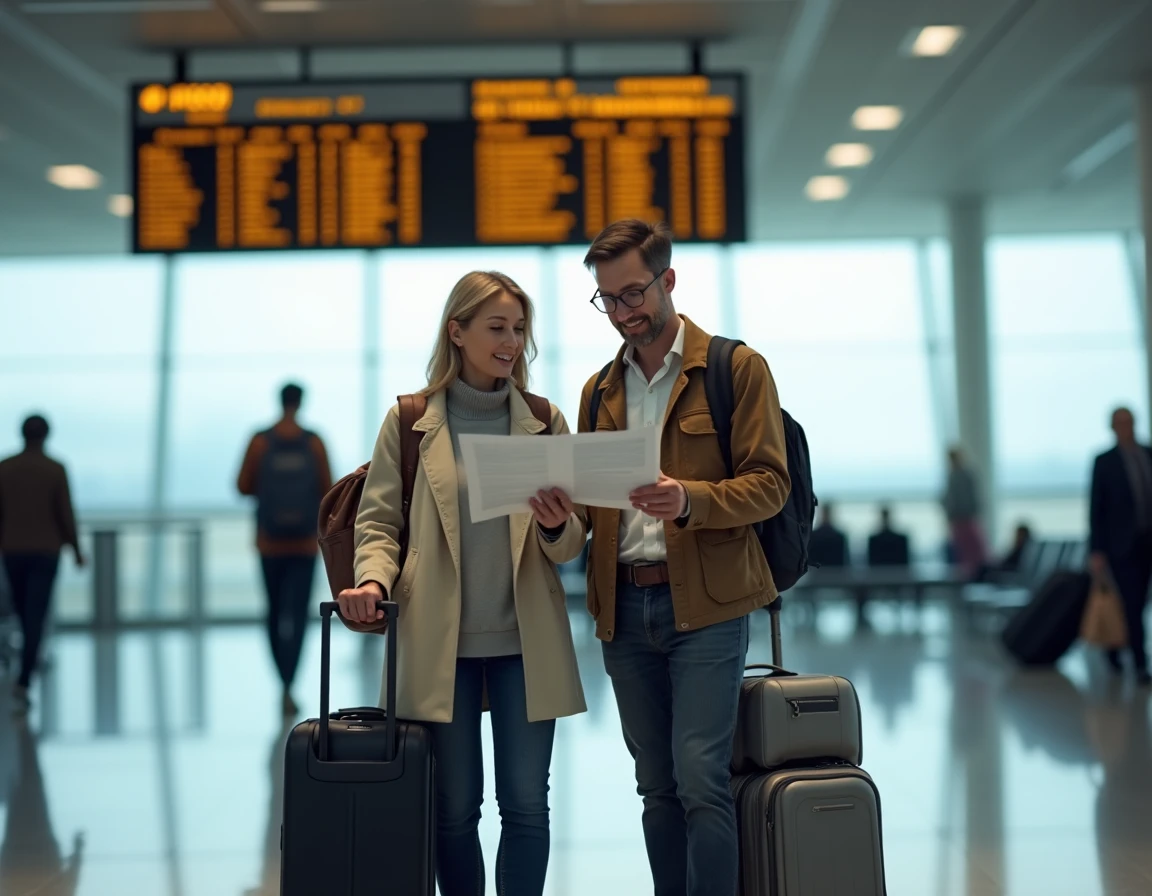 Couple en partance en vacances consultant leurs billets dans un hall d'aéroport avec des valises