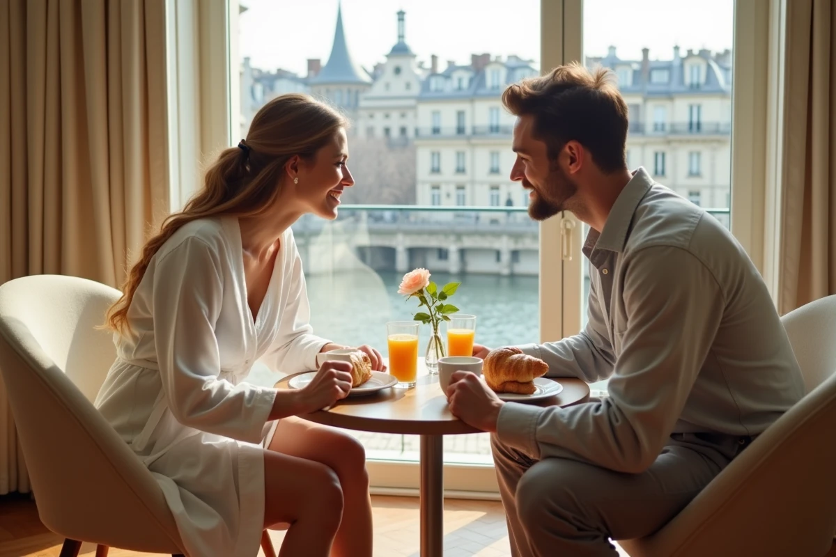 Couple partageant un petit-déjeuner romantique dans une chambre d'hôtel parisienne avec vue sur les toits de Paris