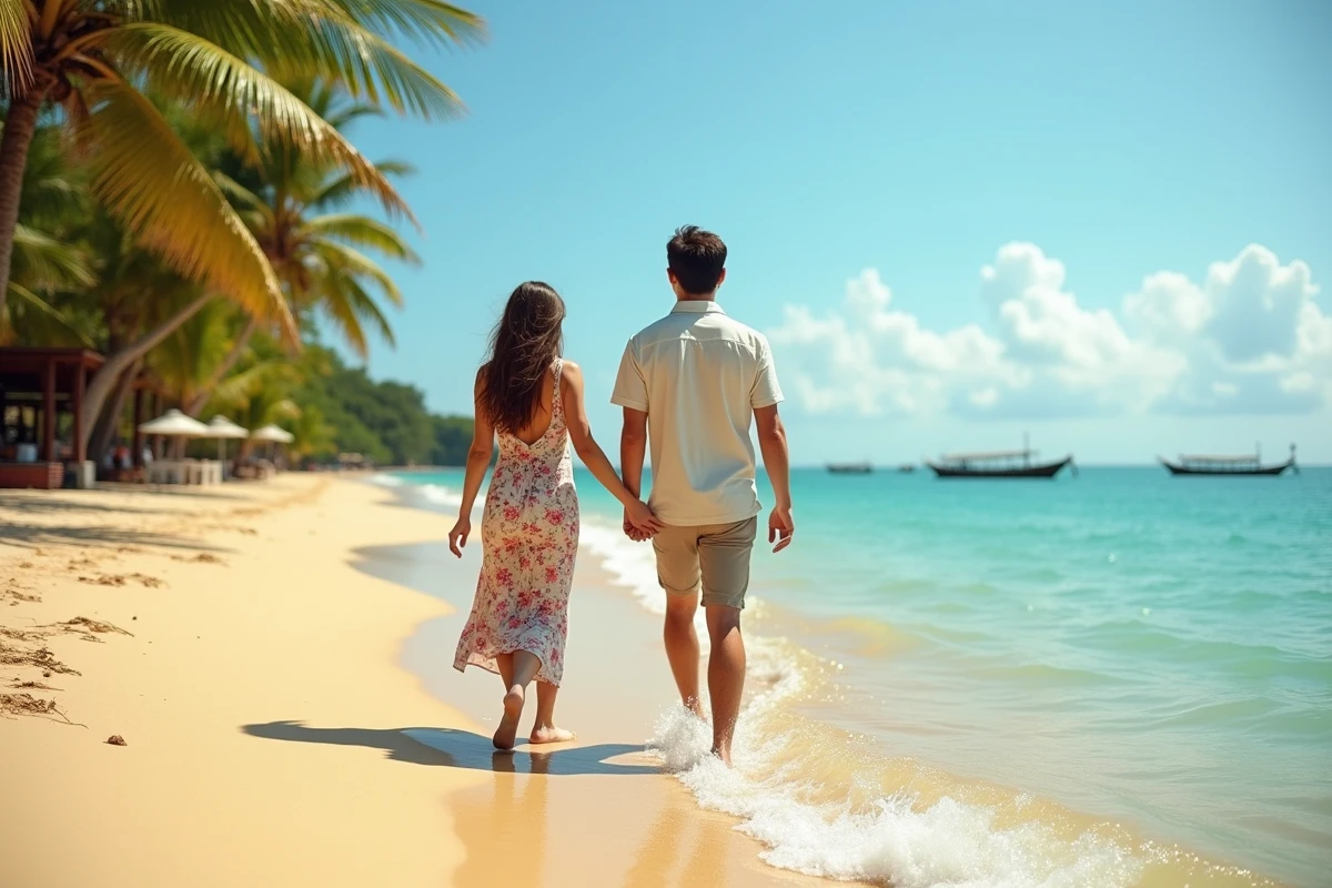 Couple se promenant sur la plage d'An Bang près de Hoi An sous le soleil de la saison sèche au Vietnam