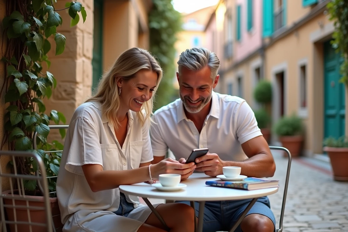 Couple planifiant leurs vacances sur smartphone dans un café en bord de mer méditerranée