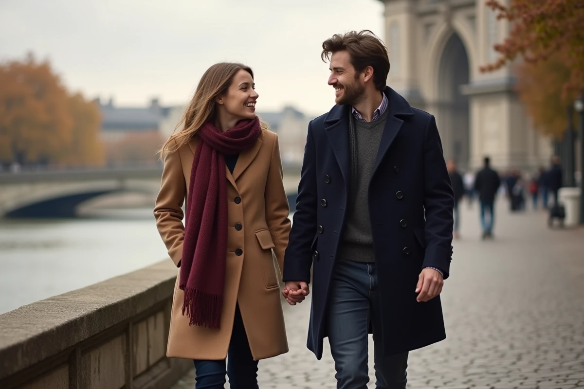 Couple se promenant main dans la main sur les quais de Seine devant le musée d'Orsay en automne