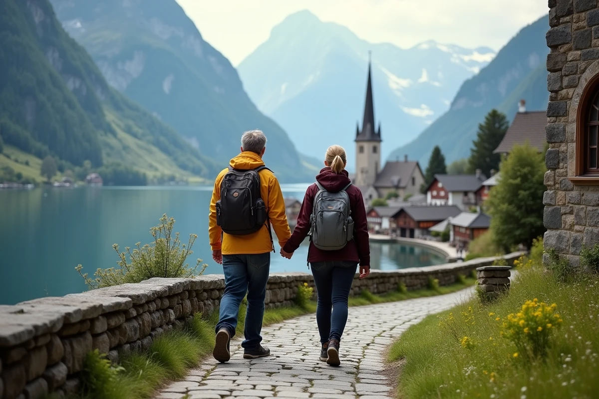 Couple en randonnée devant le village de Hallstatt