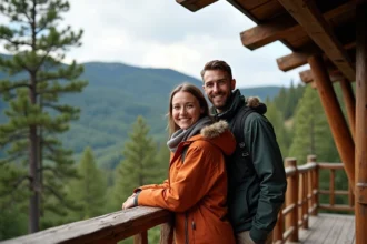 Jeune couple en randonnée dans les Vosges avec vue panoramique