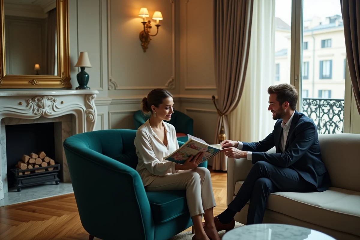Couple se relaxant dans le salon d'une suite d'hôtel parisienne élégante près du musée d'Orsay