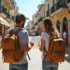 Couple de touristes inquiets regardant une carte dans une rue animée de Chypre
