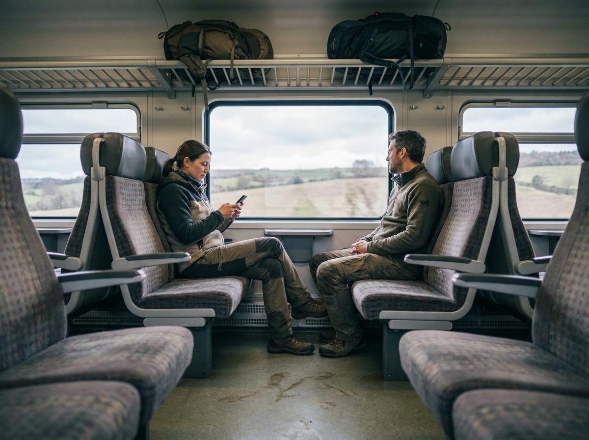 Couple de voyageurs dans un train régional avec de grands sacs à dos, consultant une application mobile de voyage économique