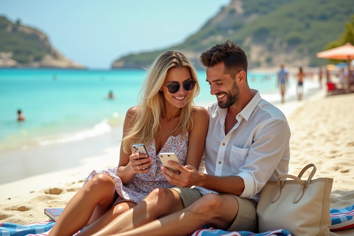 Couple en vacances sur une plage méditerranéenne consultant leur téléphone pour planifier un voyage pas cher en août