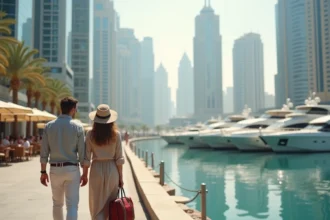 Couple en voyage à Dubaï se promenant sur la marina avec vue sur les gratte-ciels modernes et les yachts de luxe en 2026