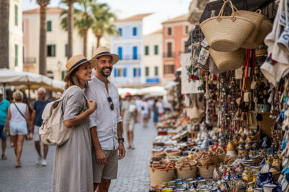 Couple souriant dans un marché coloré en méditerranée