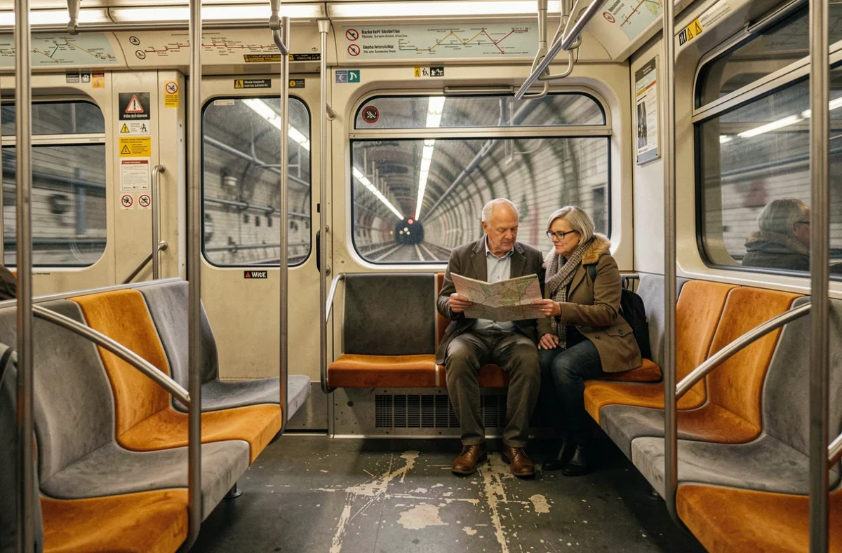 Couple de voyageurs dans un wagon du métro U-Bahn de Berlin consultant un plan de transport