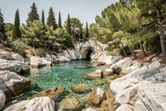 Crique rocheuse isolée et eau turquoise cristalline sur l'île de Lokrum en Croatie, entourée de pins méditerranéens