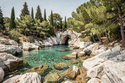 Crique rocheuse isolée et eau turquoise cristalline sur l'île de Lokrum en Croatie, entourée de pins méditerranéens