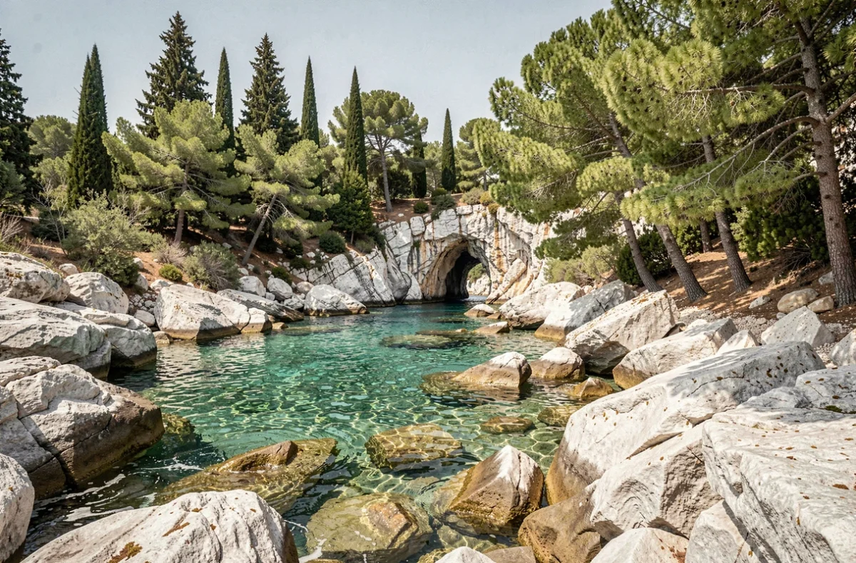 Crique rocheuse isolée et eau turquoise cristalline sur l'île de Lokrum en Croatie, entourée de pins méditerranéens