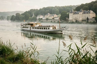 Le bateau de croisière Chateaubriand naviguant sur un fleuve français bordé de châteaux historiques et de collines boisées