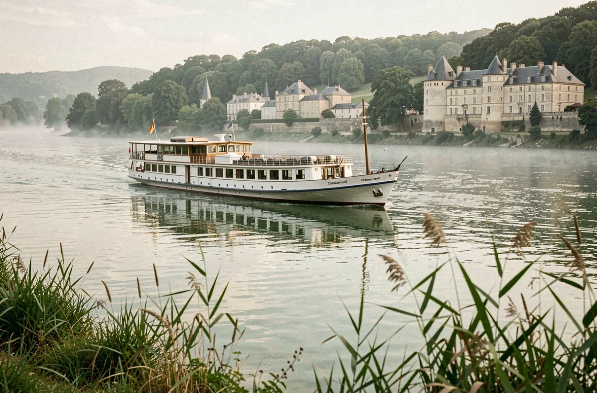 Le bateau de croisière Chateaubriand naviguant sur un fleuve français bordé de châteaux historiques et de collines boisées