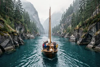 Petit voilier en croisière dans un fjord étroit en Norvège, inaccessible aux grands paquebots