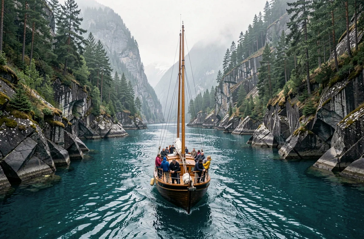 Petit voilier en croisière dans un fjord étroit en Norvège, inaccessible aux grands paquebots