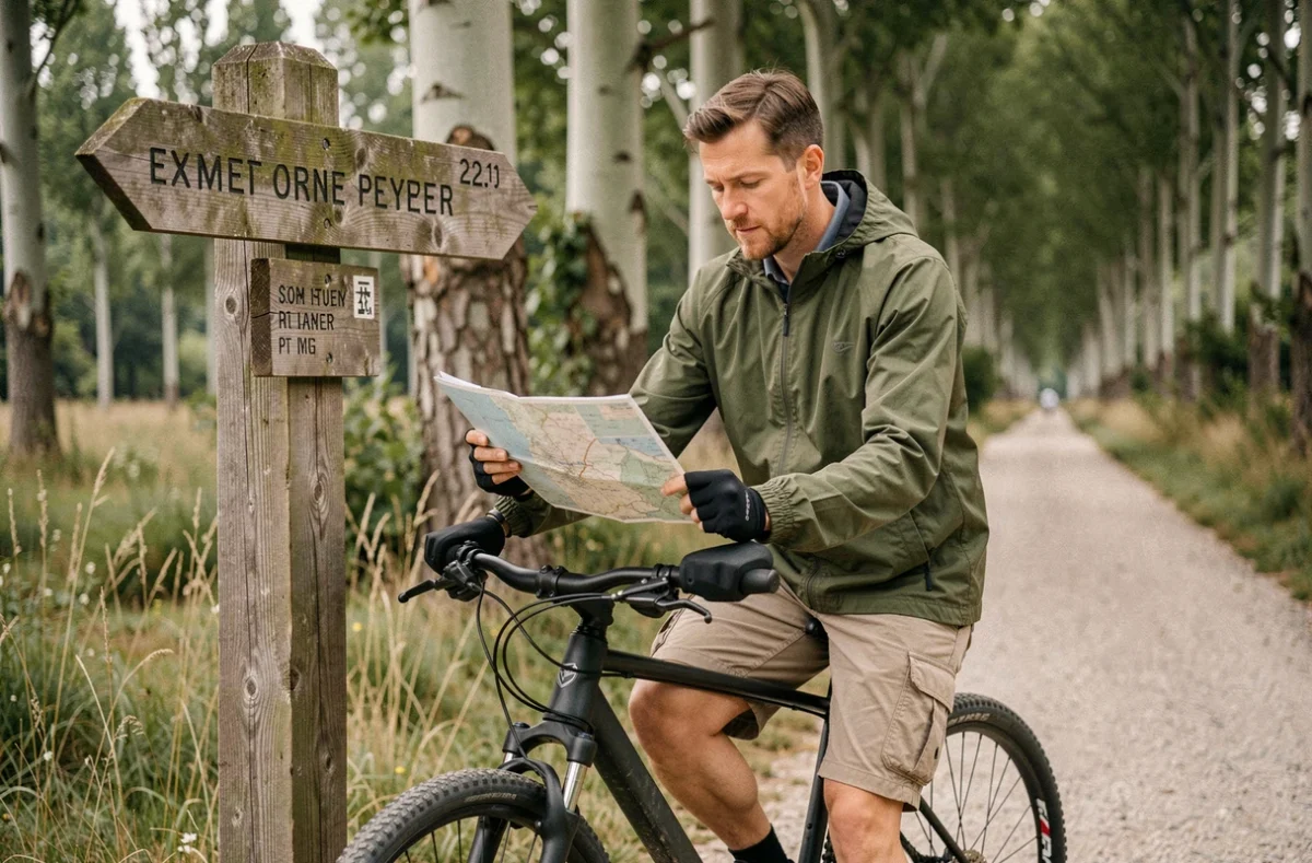Cycliste consultant une carte à un carrefour balisé dans la réserve naturelle près de Speyer