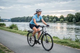 Cycliste femme sur une piste balisée au bord du Rhin près de Speyer en Allemagne