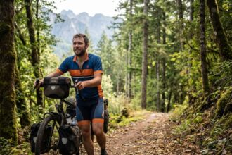 Homme en vélo de randonnée dans la forêt verte