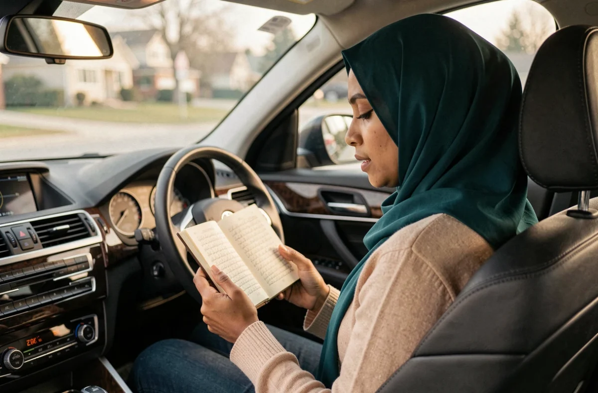 Femme musulmane récitant une invocation de voyage dans une voiture, tenant un livret de douas