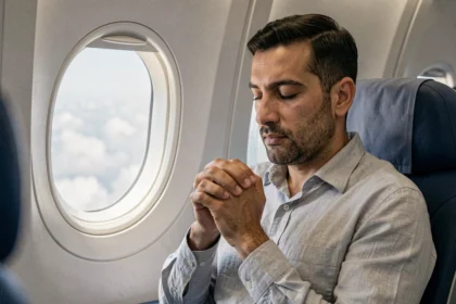 Homme en prière silencieuse dans un avion, mains jointes près du hublot avec vue sur les nuages