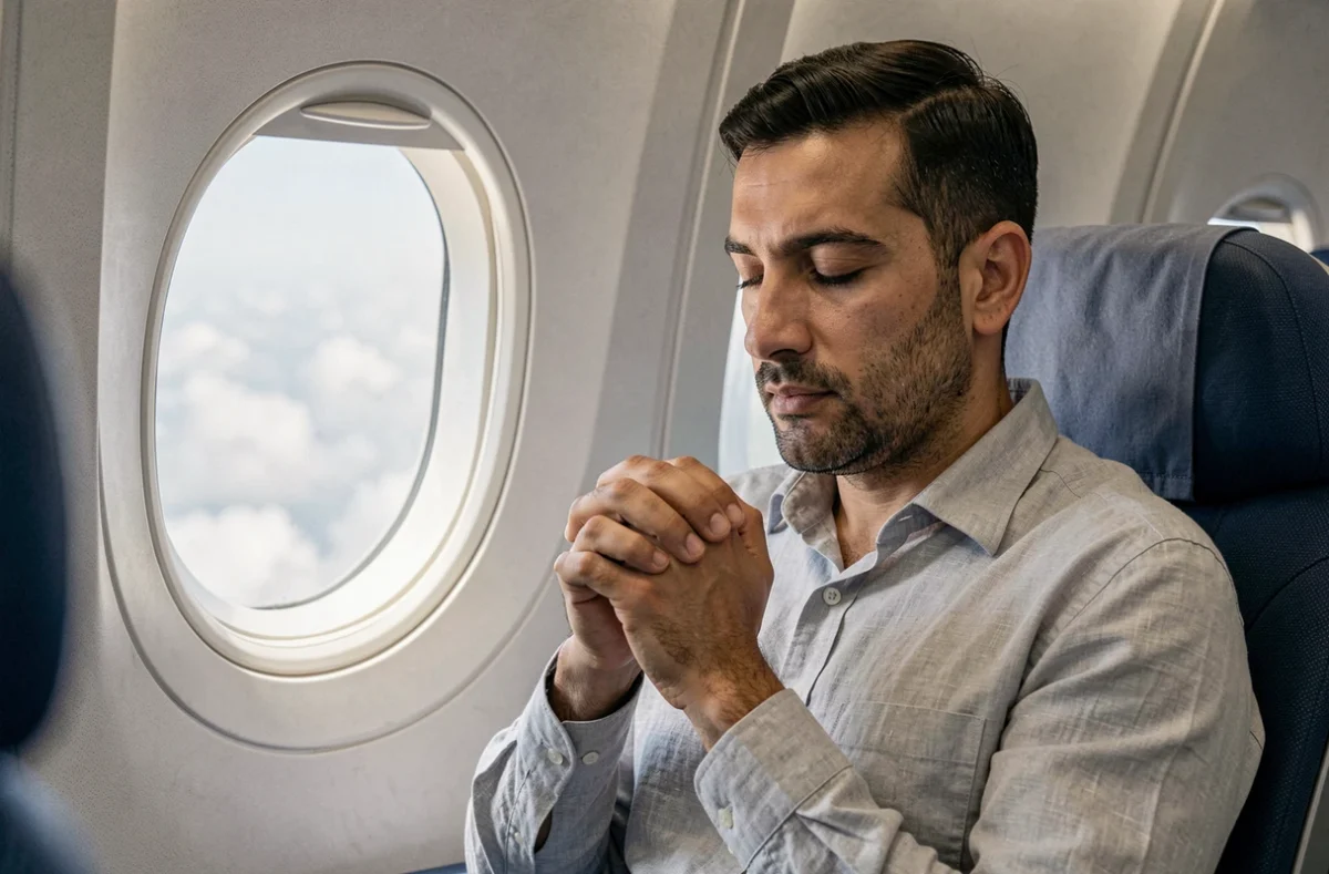 Homme en prière silencieuse dans un avion, mains jointes près du hublot avec vue sur les nuages