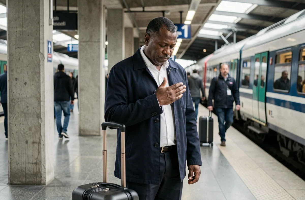 Homme faisant une doua de voyage sur un quai de gare avant de monter dans le train