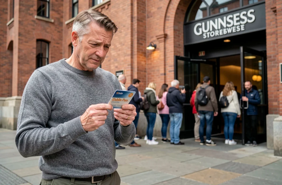 Homme évaluant la Dublin Pass devant l'entrée du Guinness Storehouse, site touristique majeur de Dublin