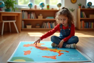 Jeune fille pointant une carte des volcans d'Italie colorée sur le sol d'une salle de classe