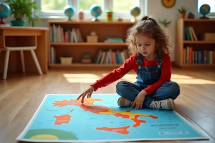 Jeune fille pointant une carte des volcans d'Italie colorée sur le sol d'une salle de classe