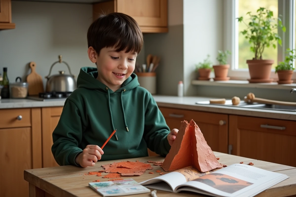Garçon construisant une maquette de volcan en papier mâché avec un livre sur la géologie italienne